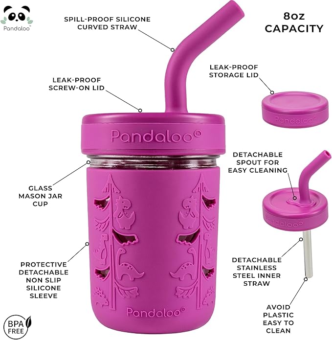 Pandaloo® Mason Jar Toddler Cup - 8 oz Spill-Proof Glass Tumbler with Silicone Straw and Lid, Non-Slip Sleeve, BPA-Free Toddler Snack Cups - Perfect Smoothie Cups with Lids and Straws for Kids