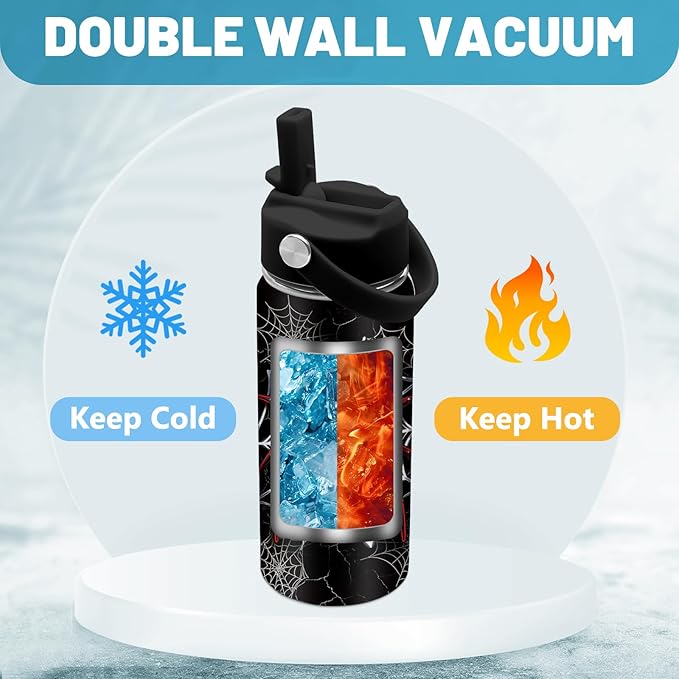 Spider Gifts for Boy, 16 oz Water Bottles with Straw Lid, Spiders Webs Stainless Steel Insulated Water Bottle, Spider Cup Gifts for Birthday Christmas