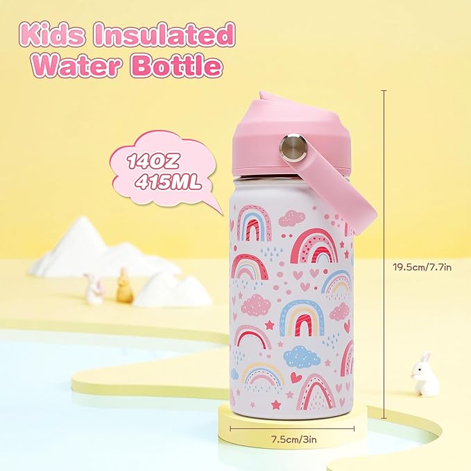 14oz Kids Insulated Water Bottle with Straw Lid - 18/8 Stainless Steel Kid Cup Travel Tumbler Double Wall Vacuum Leak Proof Portable Toddler Water Bottle (Rainbow + Mermaid)