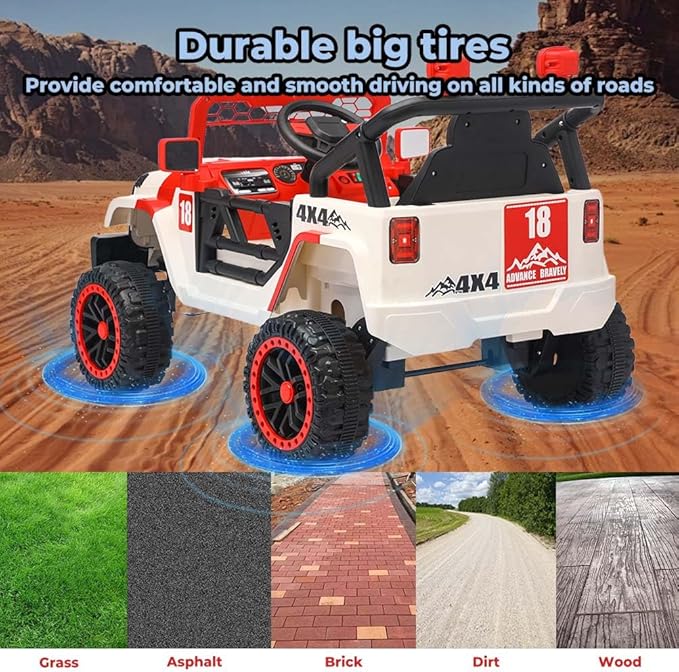 12V Kids Car, 4x4 Electric Car for Kids with Remote Control, LED Headlights & Music, Ride-On Truck Toy Gift for Boys Girls 3-8 Years (Flame Red & White)