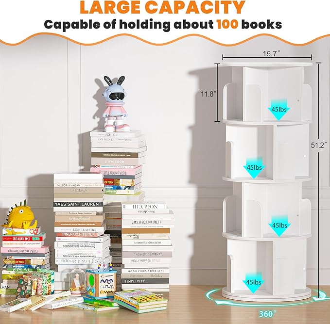 Rotating Bookshelf, Wood Corner Bookshelf, 360 Display Spinning Bookcase Storage Rack, 4 Tier Floor Standing Revolving Bookcase Narrow Book Shelf Organizer for Small Space, Bedroom, White