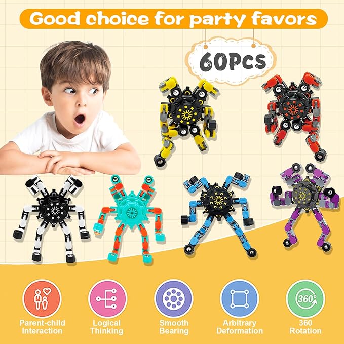 60PC Transformable Fidget Spinner for Kids,Deformable Chain DIY Robot Spinner Sensory Toy, Stress Relief Fingertip Gyros Fidget Toys Birthday Party Favors for Kids Gifts
