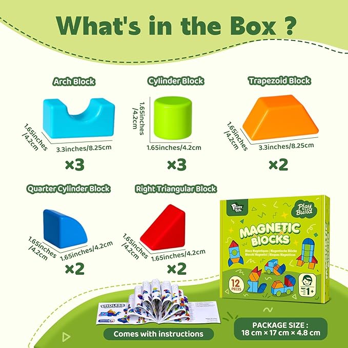 Magnetic Building Blocks, Large Magnetic Blocks for Kids Ages 1-3, 3D Geometric Shapes Stacking Blocks Set, Montessori Sensory Toys for Toddlers, Boys & Girls (12pcs)