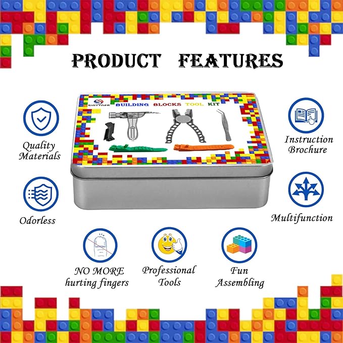 Building Blocks Tool Kit - Brick Separator, Mini Blocks Tool Set - Multi-Functional Hammer, Pliers, Tweezers, Finger Protectors with Tin Box (Pink)