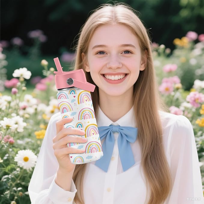 16oz Rainbow Tumbler Cup with Handle and Straw - Pink Stainless Steel Water Bottle for Women Men - Insulated Double Wall Travel Mug, Sweatproof, Non-Slip Base - Birthday Gift Ideas