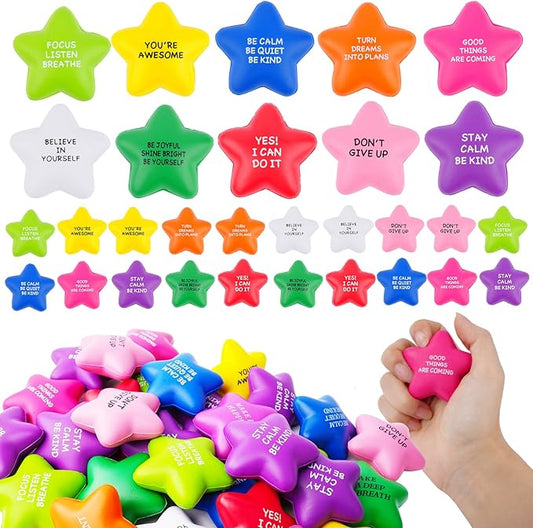 200PCS Bulk Star Stress Balls for Adults & Kids - Motivational Quotes Soft Foam Stress Relief Squeeze Toys, Fidget Anxiety & Anger Relief at Work/School/Home, Perfect Party Favors (Multi-Color)