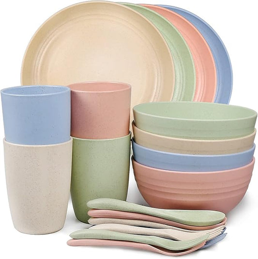 Shopwithgreen Wheat Straw Dinnerware Sets for 4, 20 PCS Unbreakable Plates and Bowls Sets, Reusable Dinner Dishes Set, Bowls, Cups, Plates for Camping, Kitchen, RV, Dorm, Dishwasher Microwave Safe