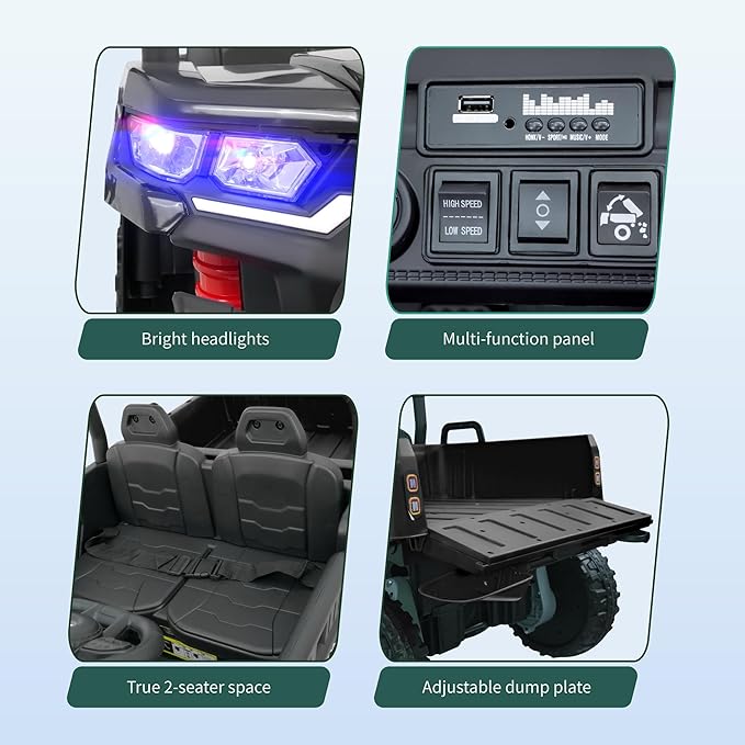 24V UTV 2 Seater Dump Truck with Remote Control, Electric Dump Bed, 4WD Power Ride on Truck Cars 6x6 Wheels, Music, Storage Trunk, Shovel for Kids-Black