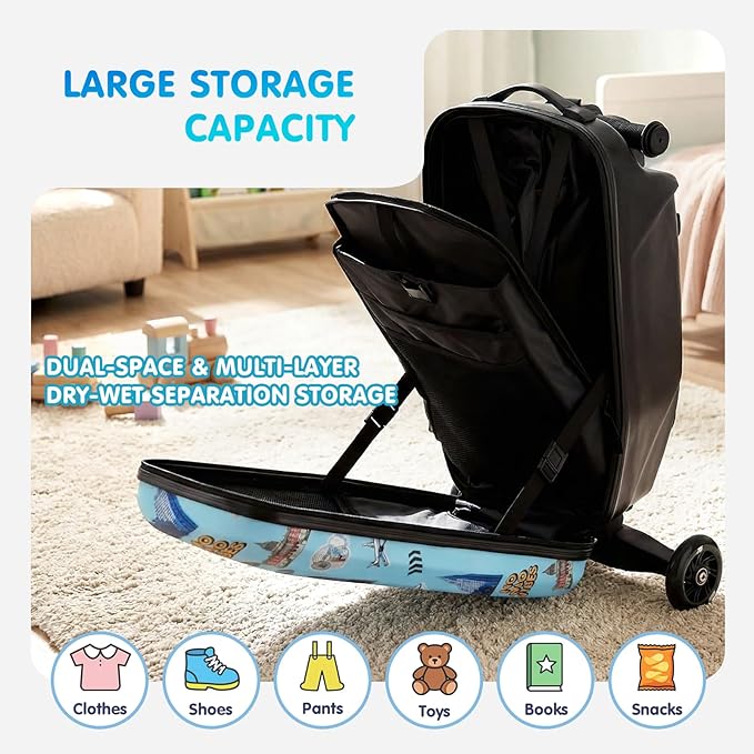 smilesun 4-in-1 Detachable Scooter Luggage for Kids & Teens, Foldable Hardside Ride On Suitcase with Wheels, Stylish and Safe Design(Blue)