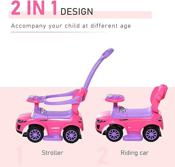 Aosom 2 in 1 Push Cars for Toddlers Kid Ride on Push Car Stroller Sliding Car with Horn Music Light Function Secure Bar Ride on Toy for Boy Girl 1-3 Years Old Pink
