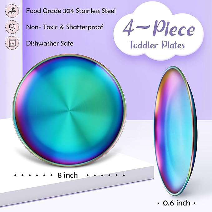 HaWare 4-Piece 18/8 Stainless Steel Plates, Metal 304 Dinner Dishes for Kids Toddlers Children, 8 Inch Colorful Feeding Serving Camping Plates, Reusable Dinnerware, Non-toxic, Dishwasher Safe, Rainbow