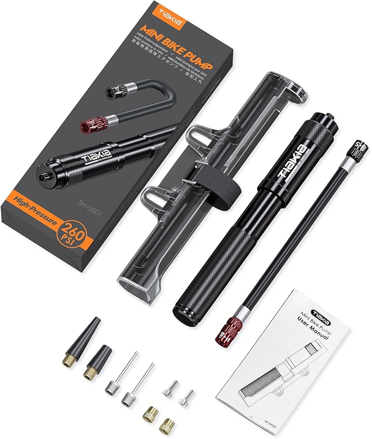 Tiakia Mini Bike Pump,Portable Compact Bicycle Pump,High Pressure Frame Pump 260PSI- Air Hand Pump Fit Presta, Schrader & Woods Valves,Aluminum Alloy Durable Tire Pump for Road/Mountain/BMX Bikes