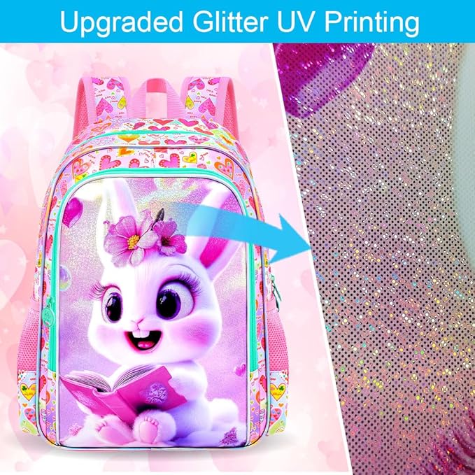 CCJPX 3Pcs Bunny Backpack for Girls, 16” Kids Bookbag with Lunch Box, Water Resistant Elementary School Bag for Kindergarten Preschool Toddler (Pink)