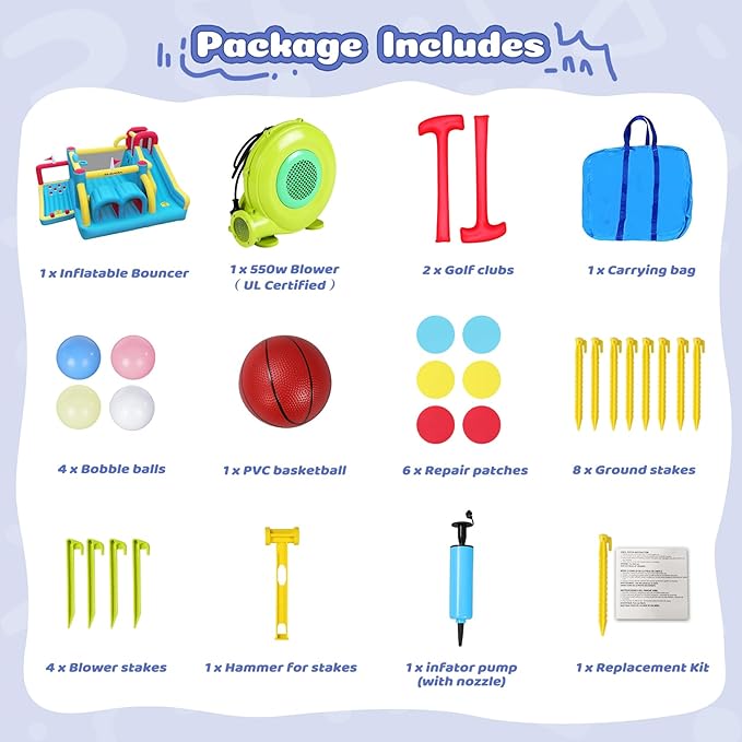 ELEMARA 7 in 1 Inflatable Bounce House, 15x12’XL Golf Inflatable Bouncer with Blower, Bounce House with Slide,Golf Area, Double Tunnels,Climbing Wall, Jumping Castle, Holds 6 Kids