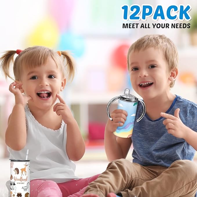 12 Sets 12 oz Sublimation Blanks Sippy Cups for Toddlers Insulated Stainless Steel Kids Sublimation Tumbler Cups with Lids and Straws, 2 Heat Tape, 12 Polymer Thermal Transfer Coating, Coaster, Brush