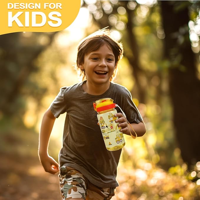 Kids Water Bottle for School or Travel, 20 Oz Durable Plastic Water Bottle with Silicone Straw and Pop-Up Spout Cover, BPA Free & Dishwasher Safe(Excavator)