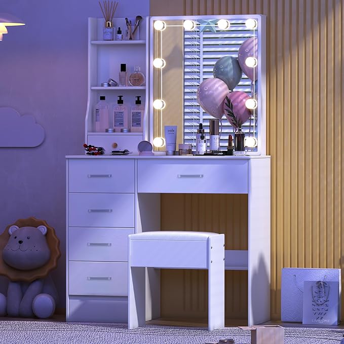Vanity Desk with Sliding Mirror and Lights, White Vanity Set with Lighted Mirror and Stool, 3-Color Adjustable Brightness Lights, USB Port, Drawers, Makeup Vanity for Bedroom, Girls & Women Gifts