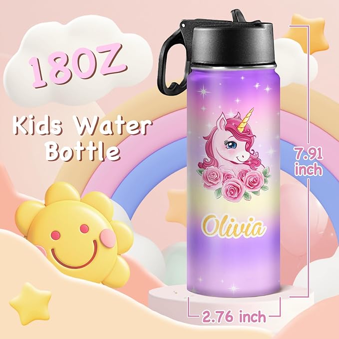 Personalized Water Bottles for School Custom Water Bottle for Kids with Name 18oz Insulated Sport Stainless Steel Cup with Straw Lid Customized Easter Birthday Back to School Gifts for Boys Girls