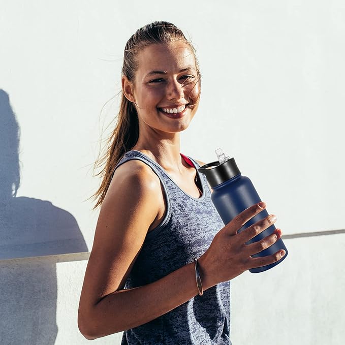 32 oz Insulated Water Bottle Bulk 4 Pack, Stainless Steel Sports Water Bottles with Straw Lid & Wide Mouth Lids, Double Walled Vacuum, Leak Proof, Blue