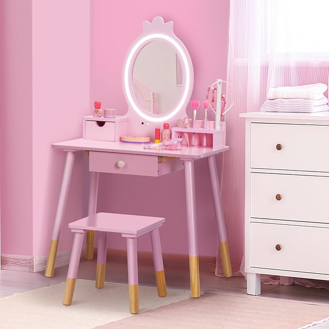 Kids Vanity Set with Lighted Mirror, Princess Make Up Dressing Table and Stool Set w/Jewelry Storage Rack & Make Up Brush Holder, Wooden Children Vanity Table Pretend Playset for Girls