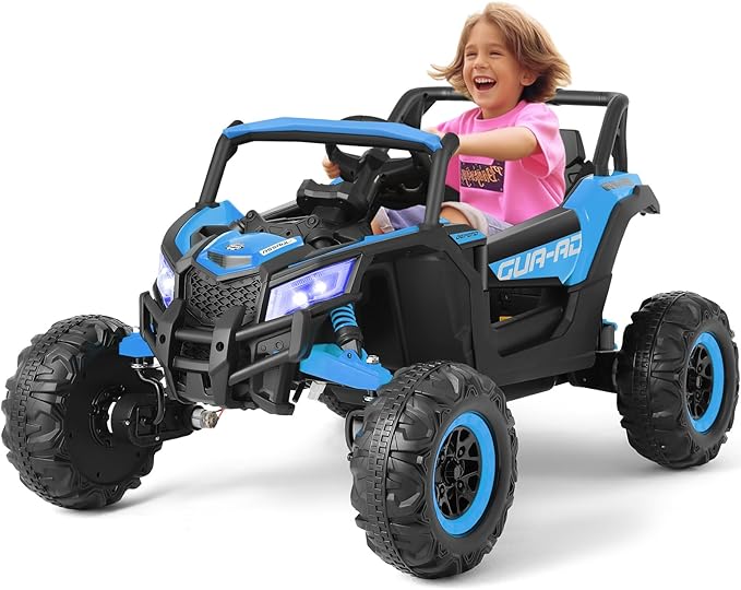 JOYLDIAS 4WD Ride On Car, 12V Battery Powered Electric Off-Road UTV for Kids, 4X4 Electric Vehicle with 4 Powerful Engines, 2.4G Remote Control, Music, Bluetooth, LED Lights for Boys and Girls, Blue