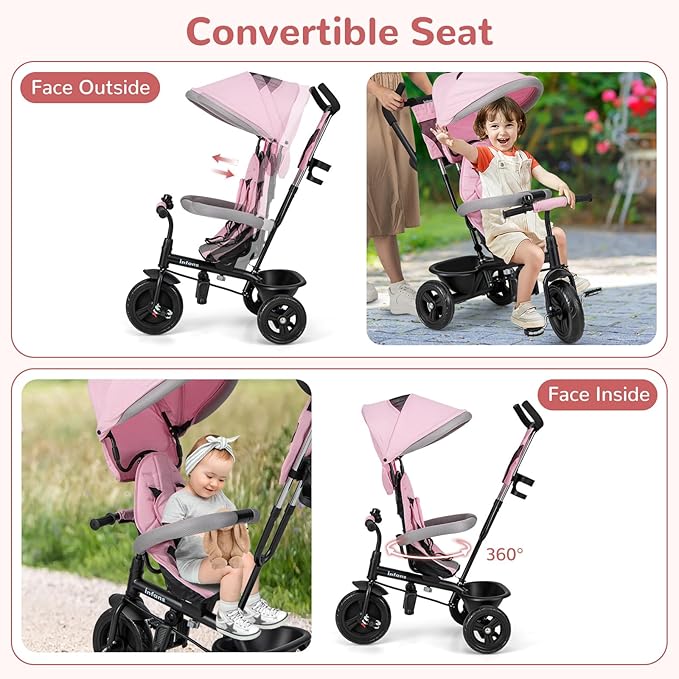INFANS Kids Tricycle, 6 in 1 Baby Trike Toddler Bike with Reversible Seat, Adjustable Push Handle, Control Direction, Removable Canopy, Safety Harness, Belt, Storage, 9-60 Months (Pink)