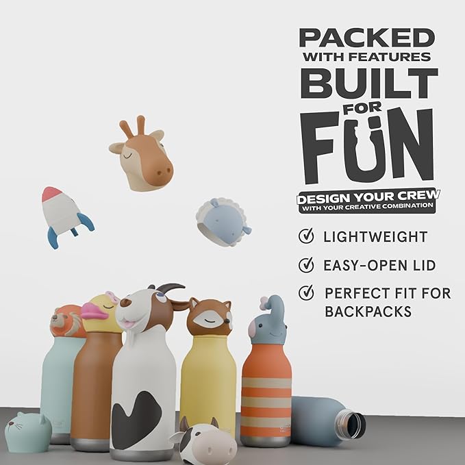 asobu Bestie Bottle Insulated Stainless Steel Water Bottle with Detachable Soft Animal Head Fun Drinking For Kids and Teens with Flexible Reusable Straw 16 Ounce (Fox)