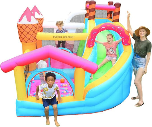 Doctor Dolphin Inflatable Bounce House with Air Blower, Bouncy Castle for Toddlers, Kids Jumping and Slide Castle for Indoor & Outdoor