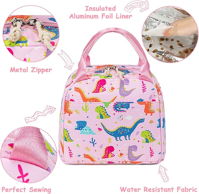 CAMTOP Lunch Box Kids Insulated Lunch Bag Large Reusable Leakproof Cooler Lunch Bags for Boys Girls School Travel Picnic (Pink Dinosaur)