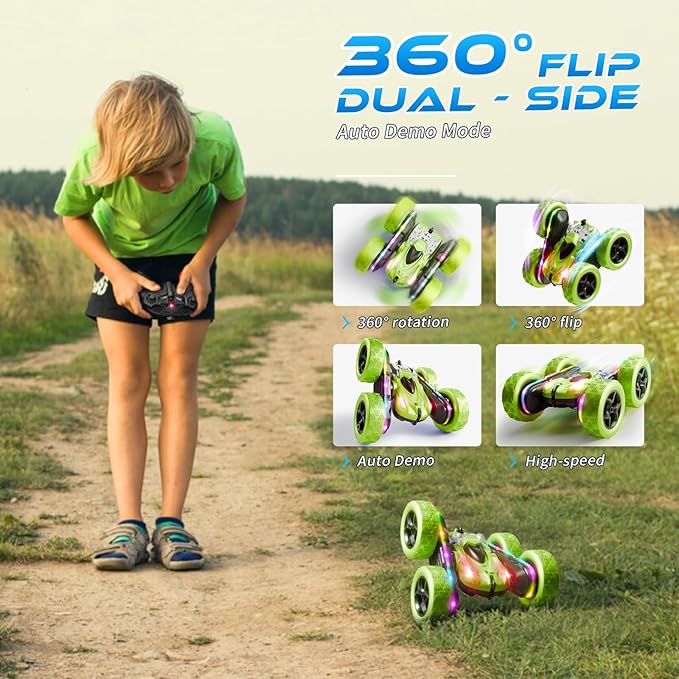 Remote Control Car – 4WD 360° Flip Double‑Sided RC Stunt Car LED Light Bar & USB‑C Modular Battery, Off‑Road Toys for Boys Ages 6‑12, Birthday Gift, Black‑Green