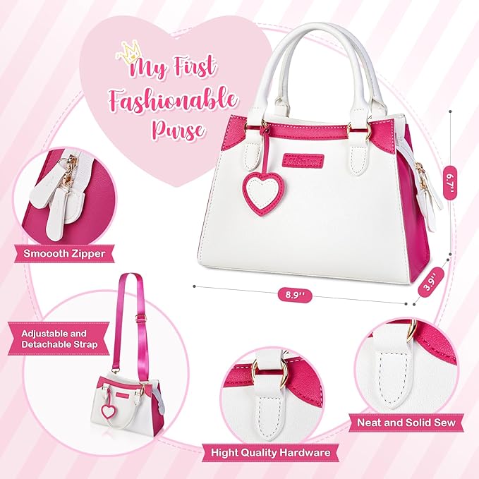 Shemira Play Purse for Little Girls, Princess Pretend Toys for Kids 3 4 5 6 7 8 Years Old, Christmas & Birthday Gift for Girls Age 3-5 4-6 6-8, Toddler Purse with Accessories, Kids Toy Purse, White