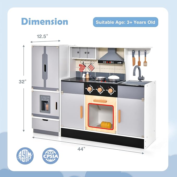 Costzon 2-Piece Play Kitchen, Wooden Toy Kitchen Set with Refrigerator, Ice Maker, Range Hood, Pretend Oven, Kids Kitchen Playset with Sounds & Lights, Gift for Ages 3+