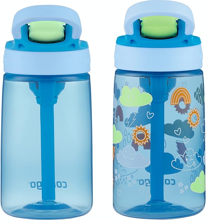 Contigo Kids Water Bottle with Redesigned AUTOSPOUT Straw, 14oz., 2 Pack, Blue Poppy and Periwinkle & Blue Poppy with Periwinkle and Into the Clouds