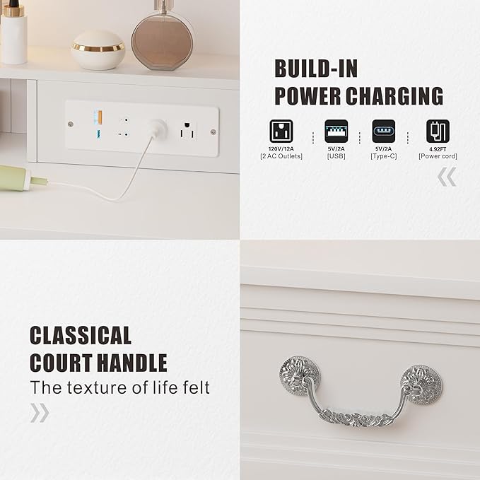 Vanity Desk with Mirror Light and Power Outlet, 39 inch Farmhouse Makeup Table Set with Stool, 3 Color Adjustable Lights Bedroom Dressing Table with 4 Drawer for Women Girls Teens, White