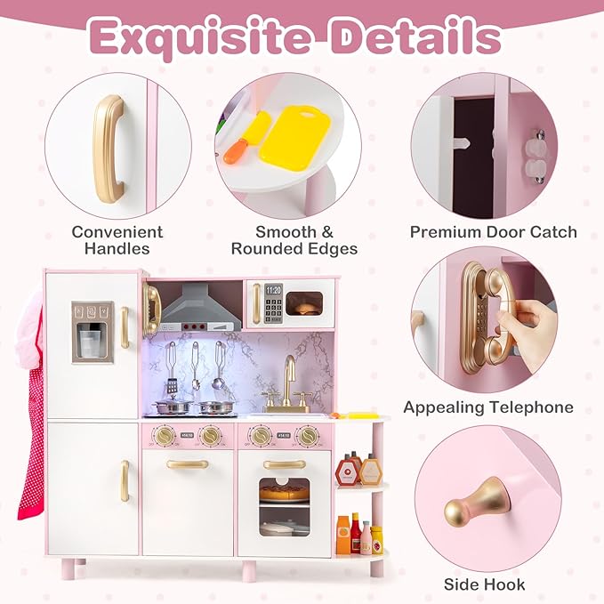 HONEY JOY Kids Kitchen Playset, Wooden Toy Kitchen Set with Lights & Sounds, Microwave, Ice Maker, Telephone, Range Hood, Cookware, Interactive Little Chef Pretend Play Kitchen for Toddlers (Pink)