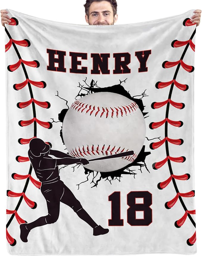 Personalized Baseball Blankets with Name Numbers, Custom Baseball Team Game Throw Flannel Blankets Stuff Gifts for Boys Sports Lover Fans Kids Adult