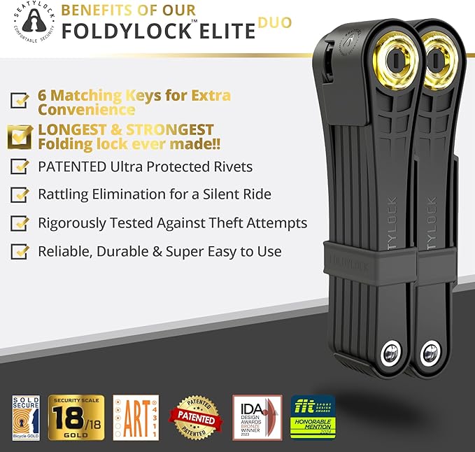 Seatylock Foldylock Elite Folding Bike Lock Set - Patented 2 Matching Bicycle Locks with 6 Identical Keys - 18/18 Heavy Duty Anti Theft Secure Guard with Keys & Case Mount - 43.3"