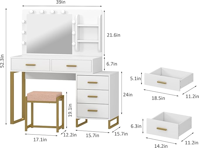 Makeup Vanity Desk with Mirror with Lights,Vanity with Lighted Mirror,3 Lighting Modes Adjustable,Vanity Desk with 5 Storage Drawers,Vanity Set with Bench