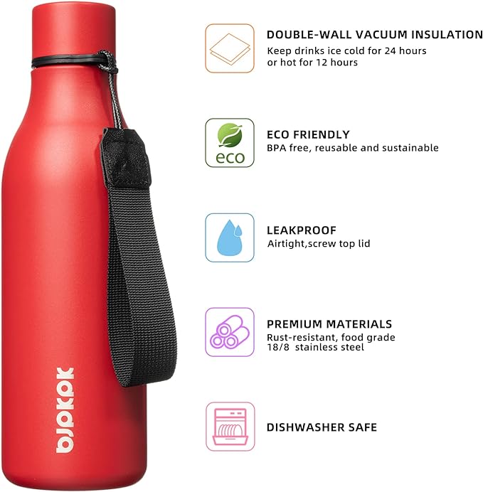 BJPKPK Insulated Water Bottles, 18 oz Stainless Steel Metal Water Bottle with Strap, BPA Free Leak Proof Thermo, Mugs, Flasks, Reusable Water Bottle for Sports & Travel, Red