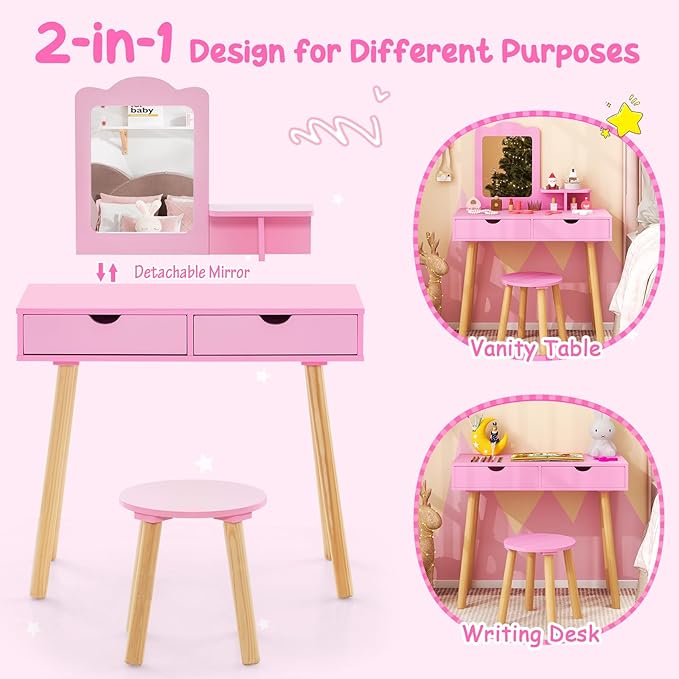 Costzon Kids Vanity Set, Girls Vanity Set with Mirror and Stool, 2 Large Drawers, Storage Shelf, Wooden Princess Makeup Dressing Table, Vanity Table and Chair Set for Toddlers (Pink)