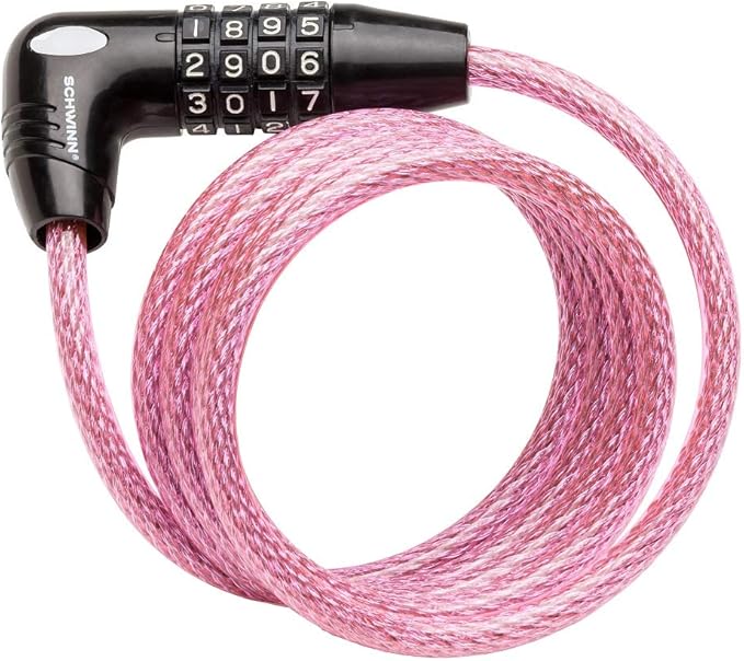 Schwinn Combination Bike Lock in Braided Steel Cable, 5 feet x 8 mm Anti Theft Bicycle Lock, Pink, Security Level 1