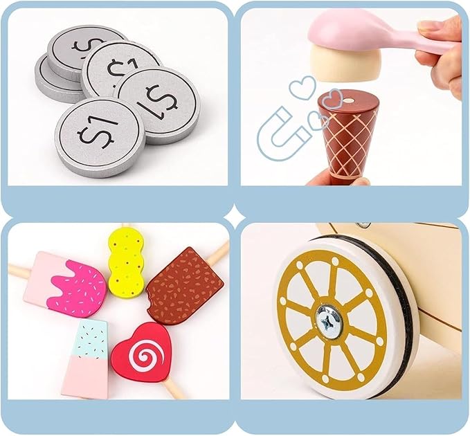 Toddler Wooden Ice Cream Cart Toys, Pretend Play Set Food Truck with Wheels for 3+ Year Old Girls & Boys – Kids Birthday Gift with Magnetic Accessories
