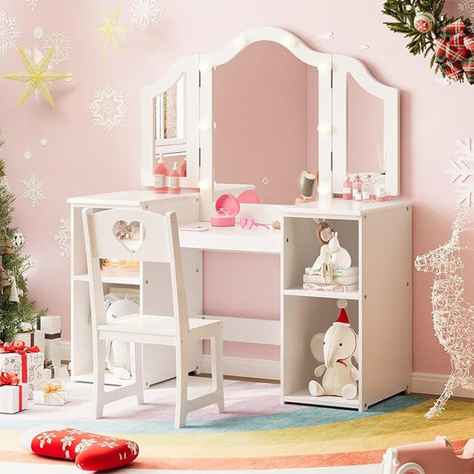 Kids Vanity with Lights,Princess Makeup Desk and Chair with Tri-Fold Mirror,Open Bookshelf, Storage Cabinet,Toddler Vanity,Pretend Play Dressing Table for Little Girls,White