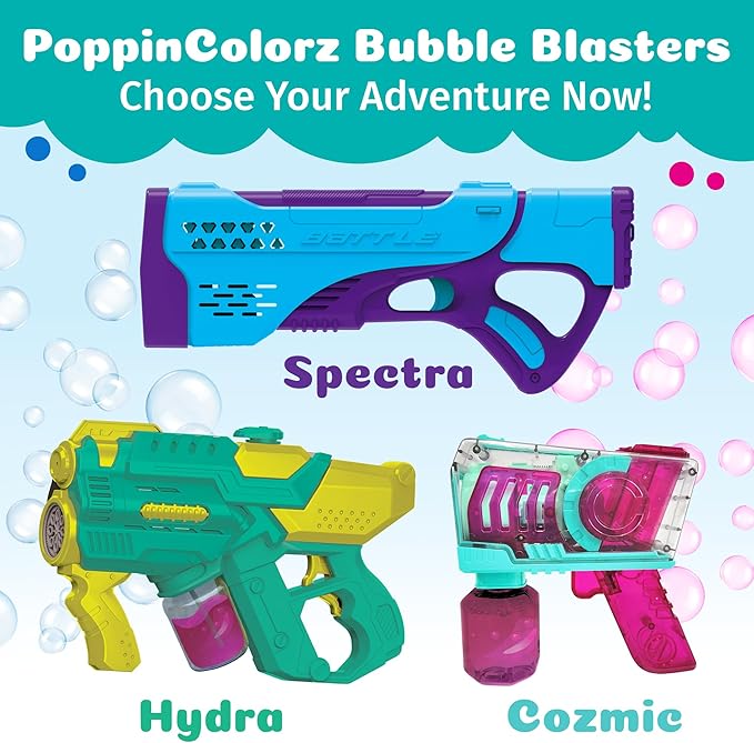 WOWMAZING PoppinColorz Cozmic Light-Up Color Bubbles Blaster with 1 Pink, 1 Blue and 2 Clear Bubble Solutions Made in The USA - No Dipping Necessary - Easy Click Trigger for Small Hands