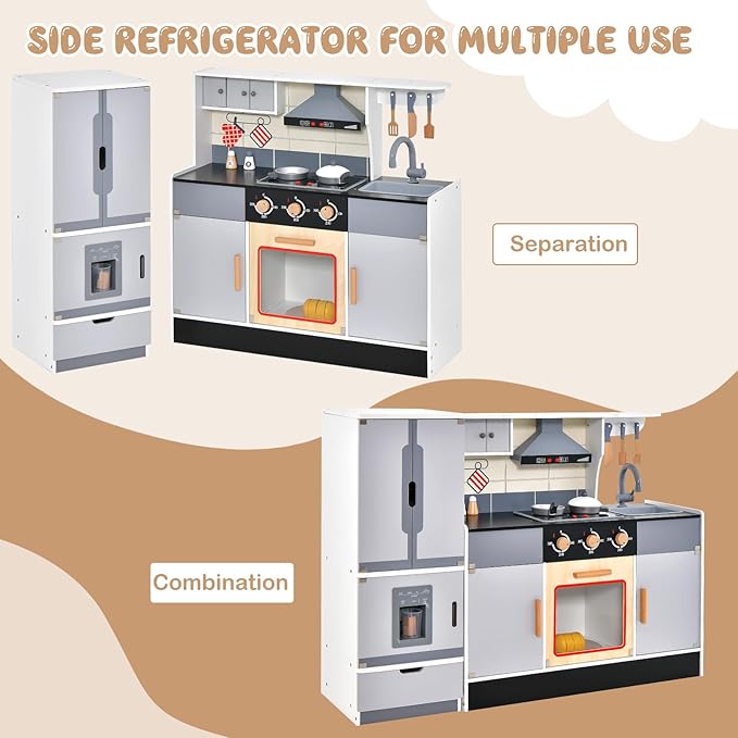 HONEY JOY Kids Kitchen Playset, 2-Piece Modular Wooden Play Kitchen for Toddlers & Refrigerator with Ice Maker, Range Hood, Oven, Little Chef Pretend Toy Kitchen Set with Light & Sound, Gray