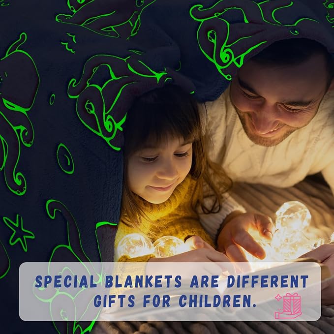 Glow in The Dark Octopus Blanket for Kids - Soft Fleece Ocean Animal Throw Blanket Sea Creature Octopus Gifts Toys for Boys & Girls 3-12 Years Old 50x60inch