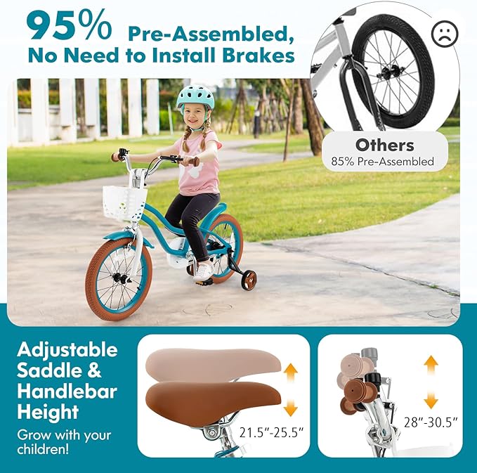 COSTWAY Kids Bike, 12 14 16 18 Inch Toddler Bike Children Bicycle w/Training Wheels, Hand & Coaster Brakes, Adjustable Saddle & Handlebar, Basket, Bell, Kids Bicycle for Girls Boys Aged 3-8 Years Old