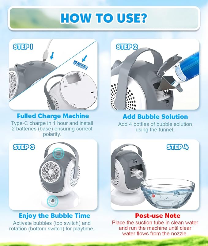 Rechargeable Bubble Machine, Automatic 360° Rotation, 75° Adjustment Bubbles Blower with 10 Large Holes Wands for Kids, Toddlers Outdoor Play, Wedding, Birthday Party, Gifts Toys for Boys, Girls