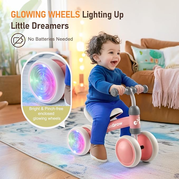 Colorful Lighting Baby Balance Bike Toys for 1 Year Old Girl Gifts, Balance Bike 1 Year Old No Pedal, 12-24 Months Toddler Ride on Toys with 4 Silent Wheels & Soft Seat, 1st Birthday Gifts, Pink