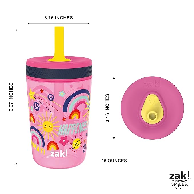 Zak Designs Kelso 15 oz Tumbler Set, (Starpower) Leak-Proof Screw-On Lid with Straw Made of Durable Plastic and Silicone, Perfect Cup Bundle for Kids (2pc Set)